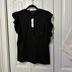 Drew Top Womens Black Ruffle Sleeve Pocket T Shirt New